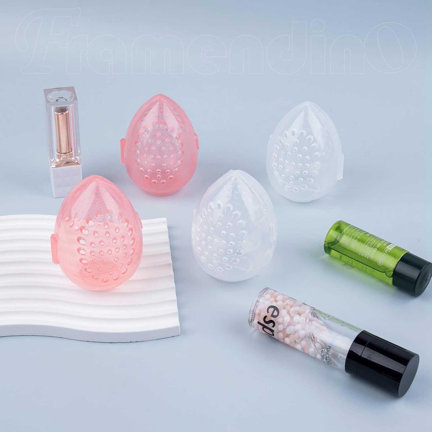 Framendino, 4 Pack Beauty Blender Sponge Container Breathable Makeup Case Clear Pink