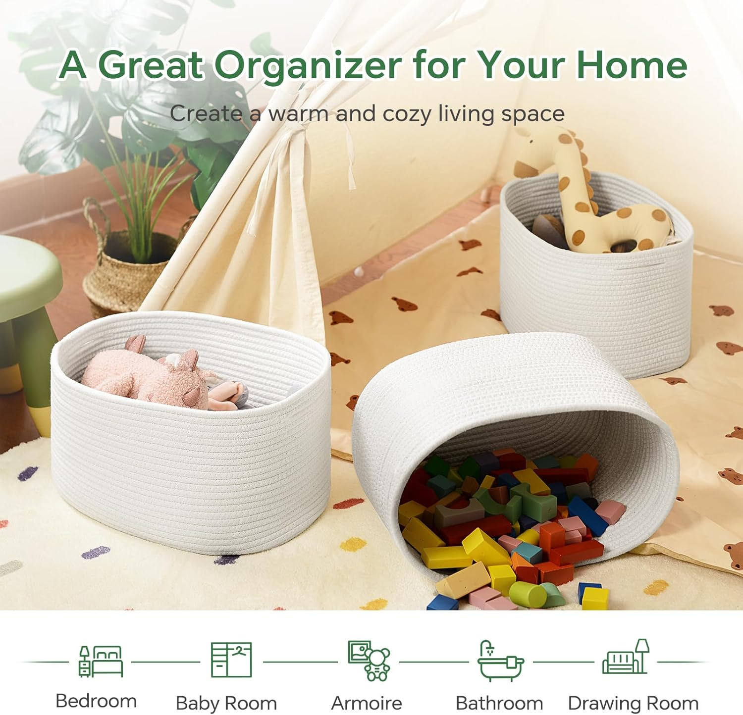 Woven Cotton Rope Storage Boxs with Hollow Handle (White, 3 Pack) image number 6