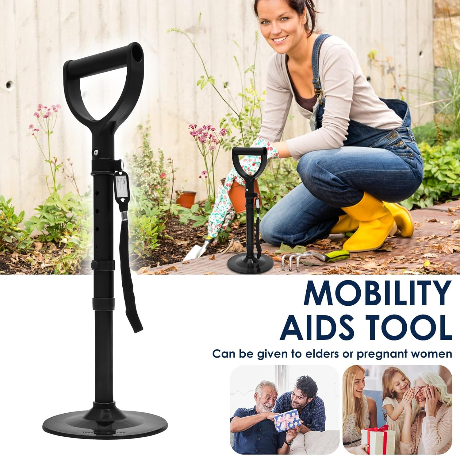 Lightweight Mobility Aid Tool, 5 Height Adjustable Mobile Standing Aid with Widened Nonslip Bottom for Home Garden Workshop (Black) - Black image number 1
