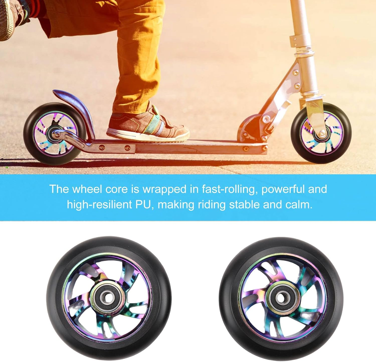 2 Pcs 100Mm Scooter Replacement Wheels with Bearing Stunt Scooter Pu Wheels for Rocking Cars, Extreme Cars, Scooters image number 5