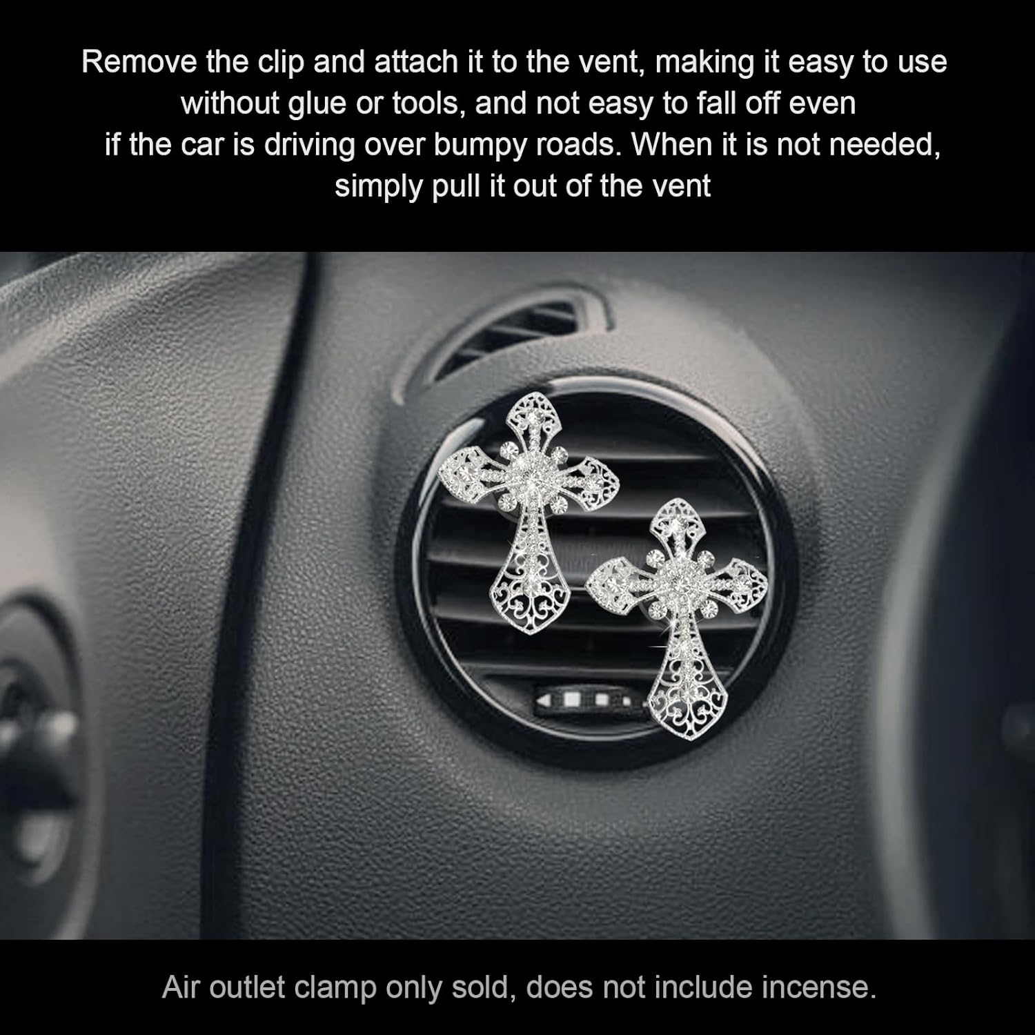 2Pcs Car Air Vent Clip, Bling Rhinestone Diamond Cross Crystal Car Air Vent Clips, Car Air Conditioning Outlet Clip Decorative, Universal Car Interior Decoration Accessories(Silver) - Colorful image number 3