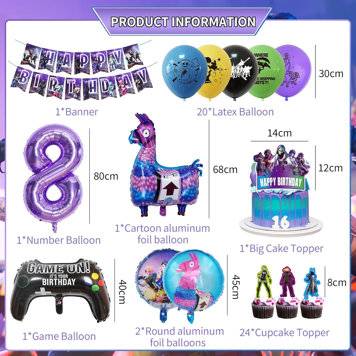 Fortnit Birthday Decoration 8 Years Boy, 51 Pieces Gaming Party Birthday Decoration, Fortnit Balloon 8Th Birthday Boy Set, 3D Purple Balloons Fortnit Gamer Birthday Decoration for Children (8 Years) image number 3