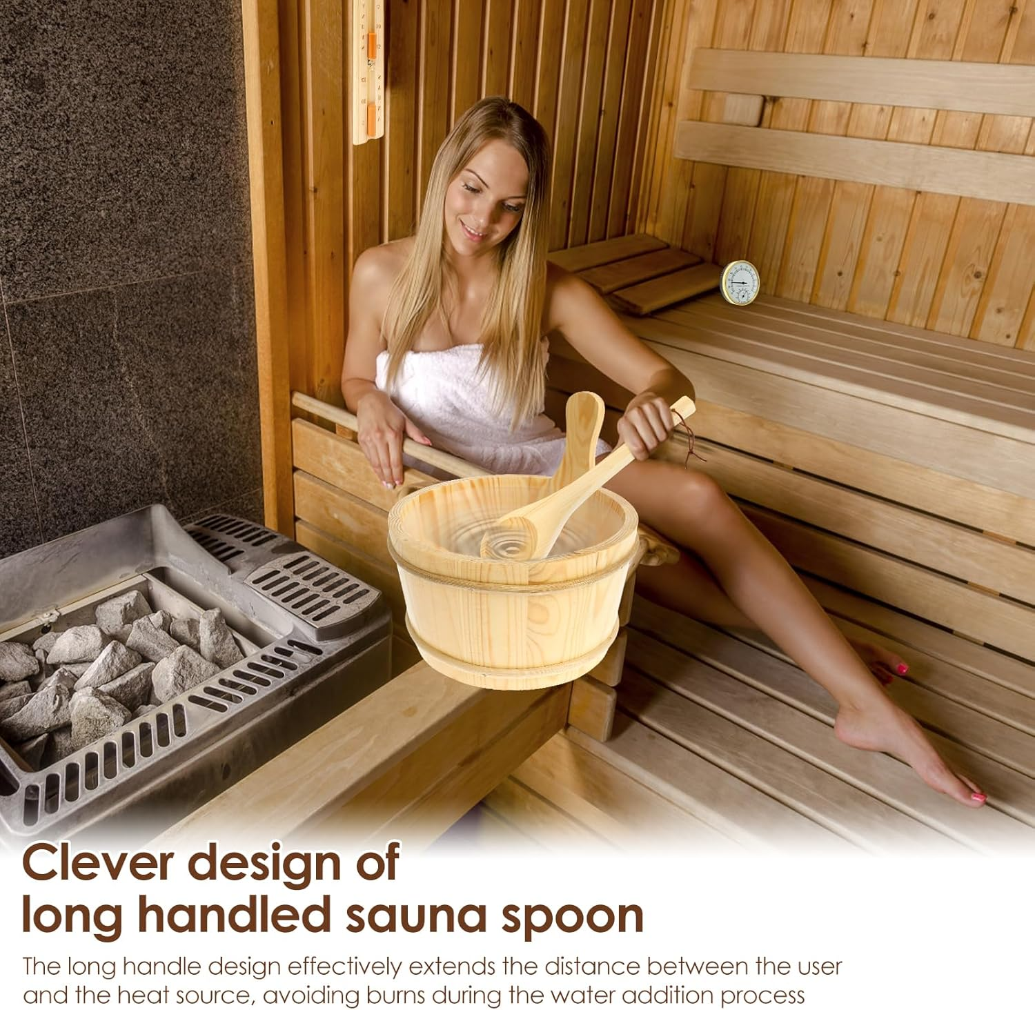 4PCS Sauna Accessories Set, Wood Sauna Bucket Sauna Spoon 2 in 1 Sauna Thermometer Hygrometer Hourglass Timer, Easy to Use Sauna Kit Suitable for Home, Steam Saunas Room image number 1