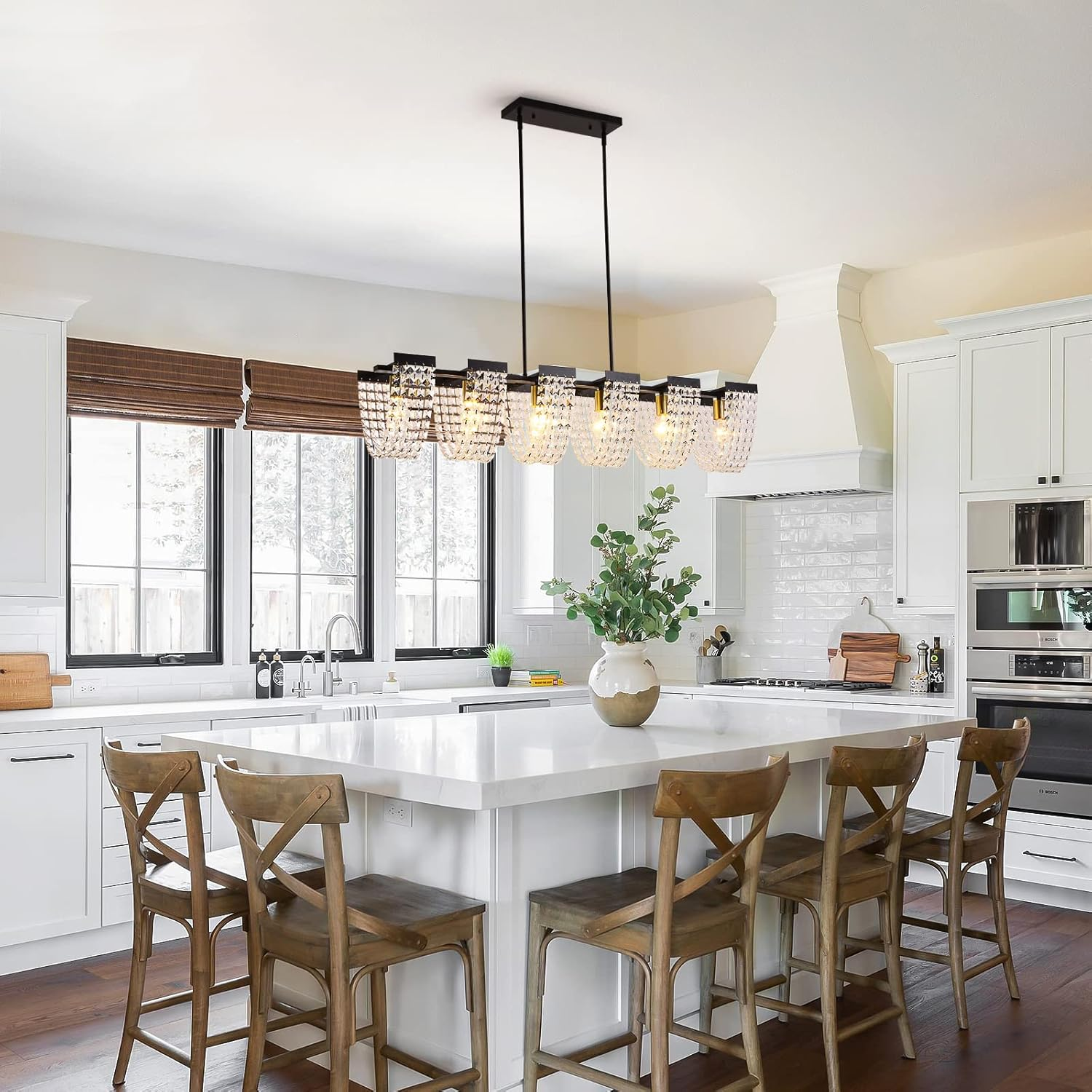 Ganeed 6-Light Kitchen Island Lighting, Farmhouse Crystal Chandelier Vintage Linear Pendant Light Fixture for Dining Room Living Room (E27 Bulbs, Not Included) - 40W/Dimmable image number 6