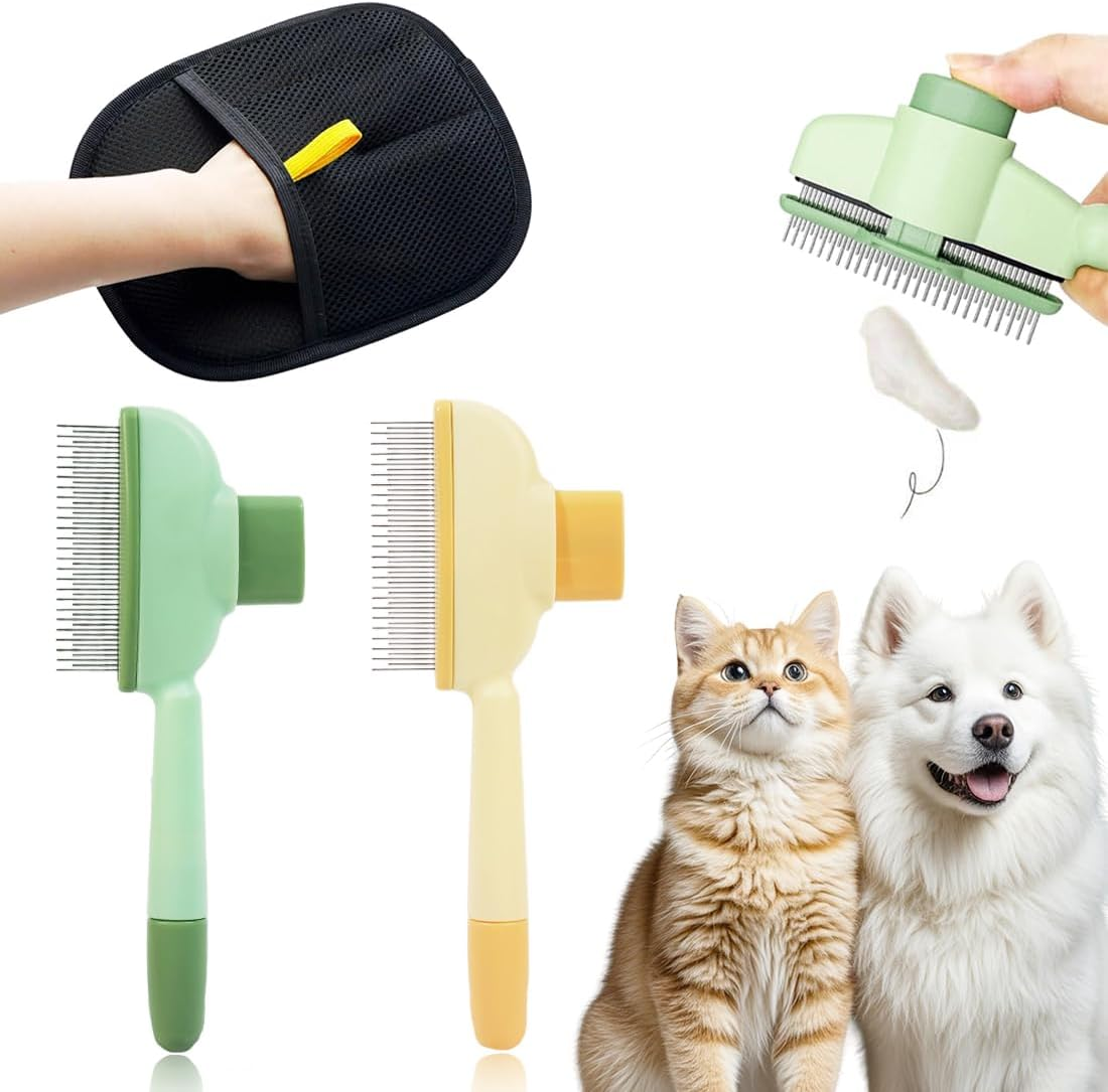 JYNVO Cat Brush, Cat Comb, Fur Flash Brush for Quick Cleaning of Lost Hair, Detangles Knots & Removes Fleas Gently, with 1 Glove
