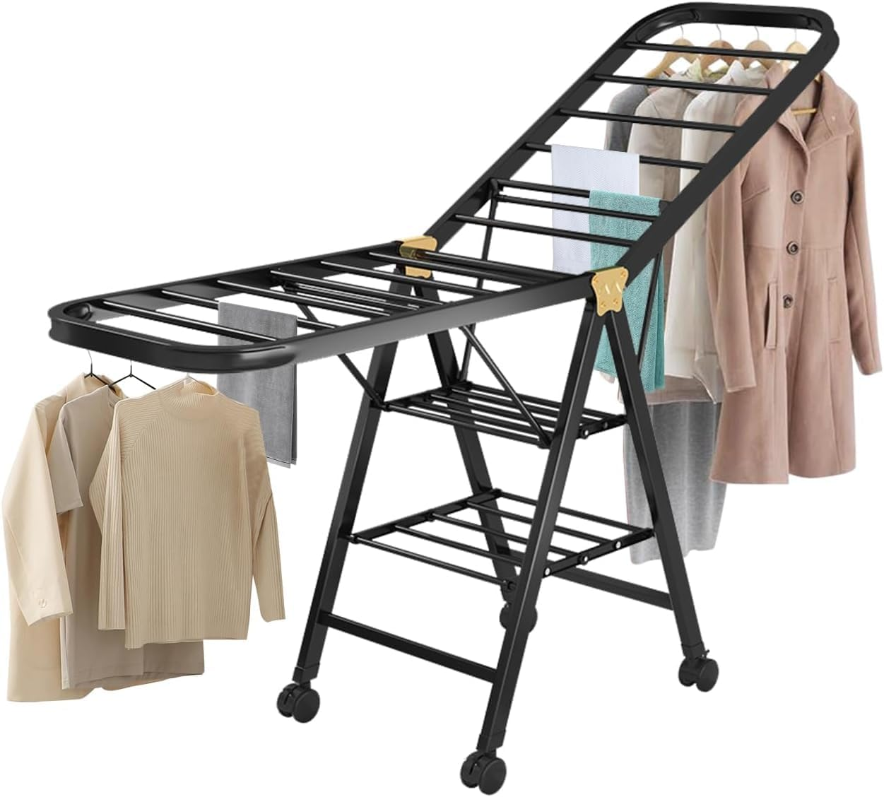 Clothes Drying Rack,Folding Adjustable Clothes Airer,3-Tier Clothes Rack Free-Stand,Indoor Outdoor Clothes Rack with 4 Universal Wheels image number 4