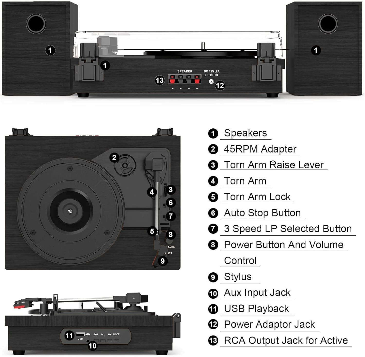 Black Retro Vinyl Record Player External Stereo Speakers Bluetooth, USB & AUX Input image number 6