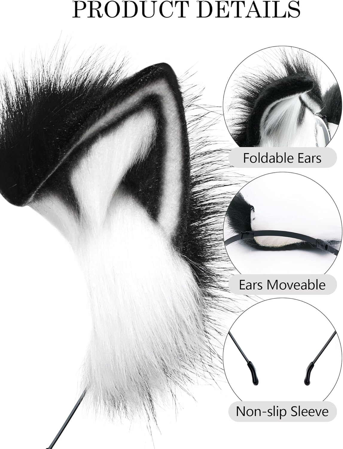 Furry Fox Wolf Cat Ears Headwear Women Men Cosplay Costume Party Cute Head Accessories for Halloween - Grey Black image number 2