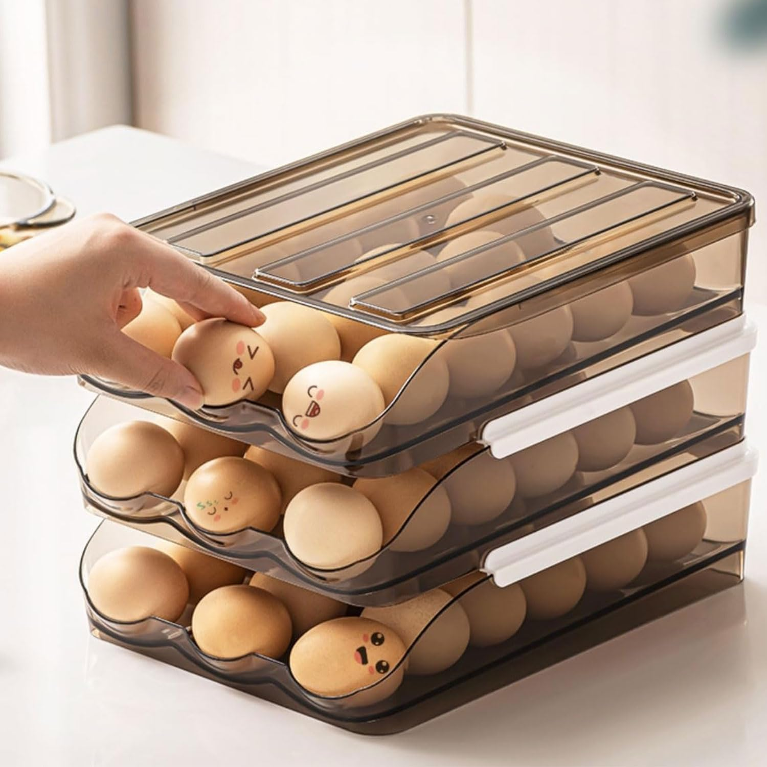 YIRANJIA 3-Layer Auto-Rolling Egg Holder for Refrigerator - 54-Egg Large Capacity Dispenser Tray for Fridge Kitchen Storage & Organisation Egg Dispenser image number 1