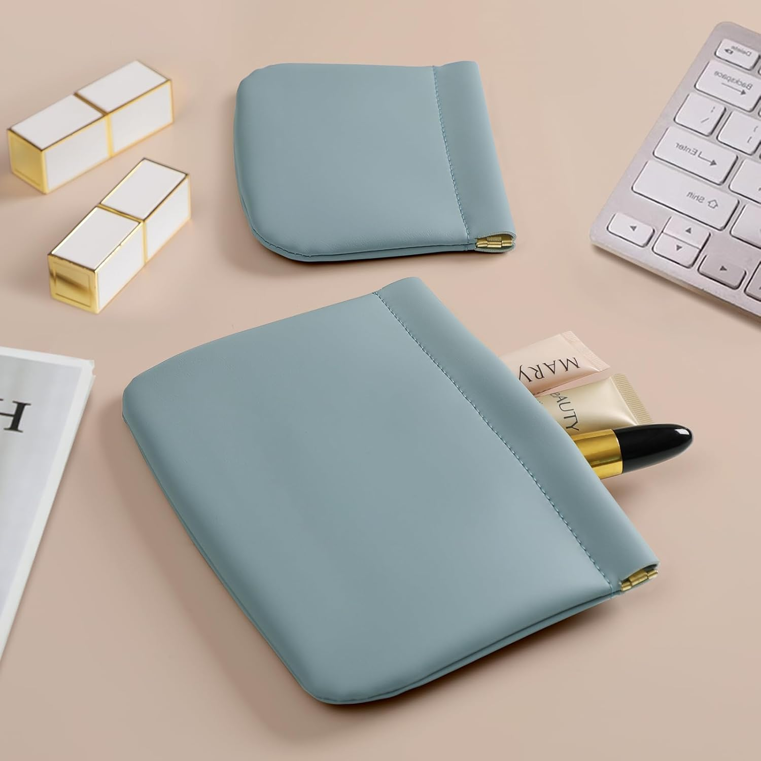 2 Pack Small Makeup Bag for Women, New Organosilicon Super Fiber Leather Mini Cosmetic Bag for Travel, Coin Purse Organizer Storage Pouch, Blue, Stylish image number 3