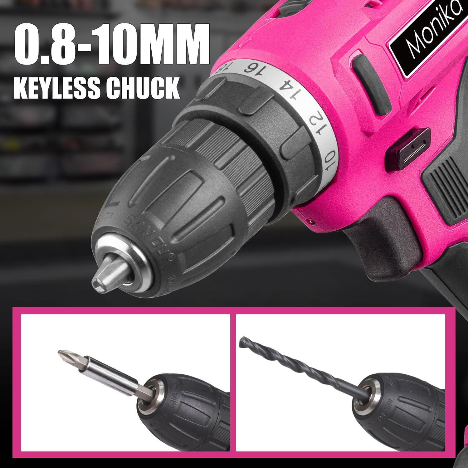 Monika 12V Pink Lithium Cordless Drill Bit Set Kits Screw Bits Sockets 18+1 Torque Setting, LED Light, Electric Power Drill Driver for Home, Office DIY and Wall Drilling, Wood, Metal W/Battery image number 2