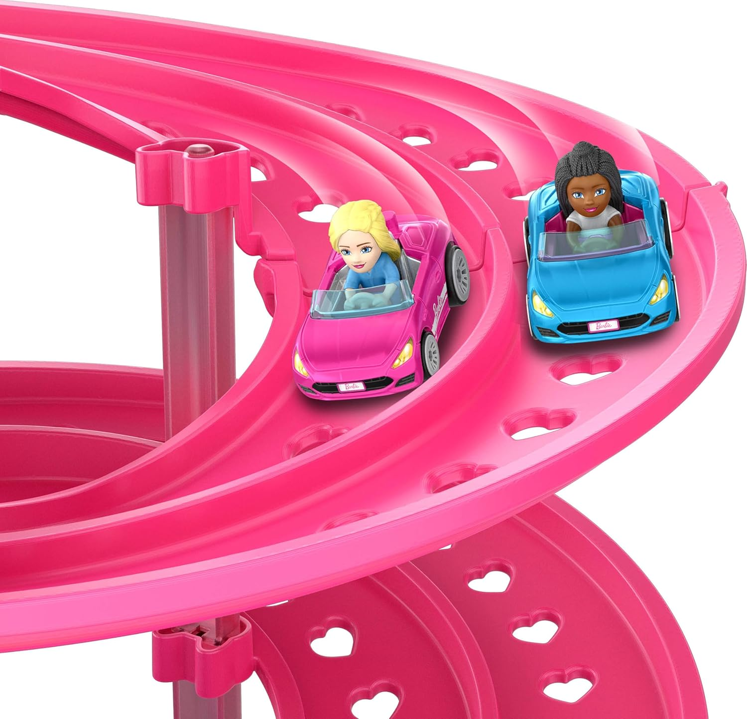 Hot Wheels Toy Cars & Tracks, Racerverse Barbie Spiral Race Playset with Barbie &ldquo;Malibu&rdquo; & Barbie &ldquo;Brooklyn&rdquo; Die-Cast Cars, 5-Levels, Dual Tracks image number 3