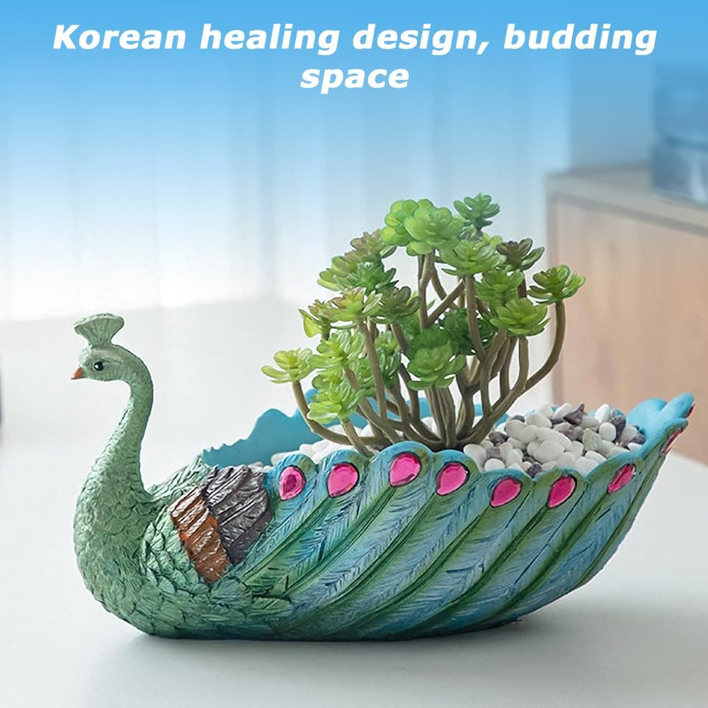 Peacock Flower Pot,Succulents Planter,Plants Pot,Desktop Flowerpot,Resin Statuette,For Home Garden Office Desktop Decoration,With Hole,Shape of Peacock image number 4