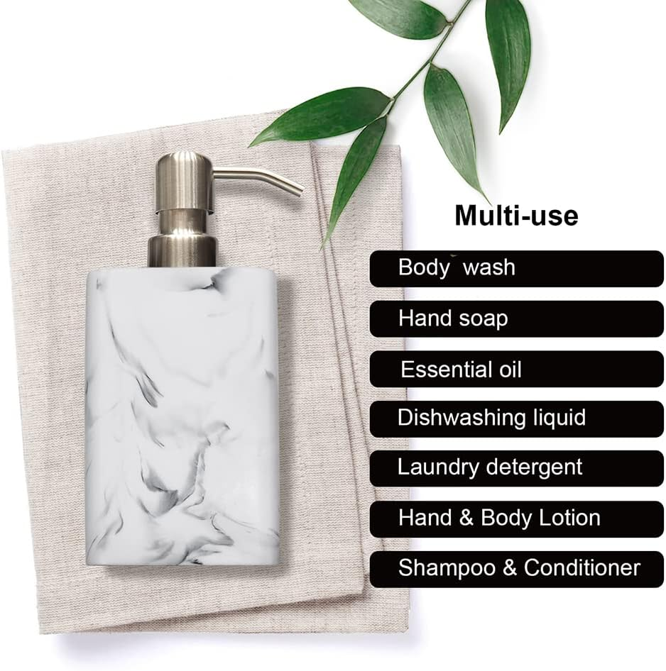 Soap Dispenser Set 2-Pack White & White Marble Style,Refillable Liquid Square Suanti Resin Decorative Soap Dispenser for Bathroom Countertop & Kitchen Home Decor (14.5 Oz) image number 4