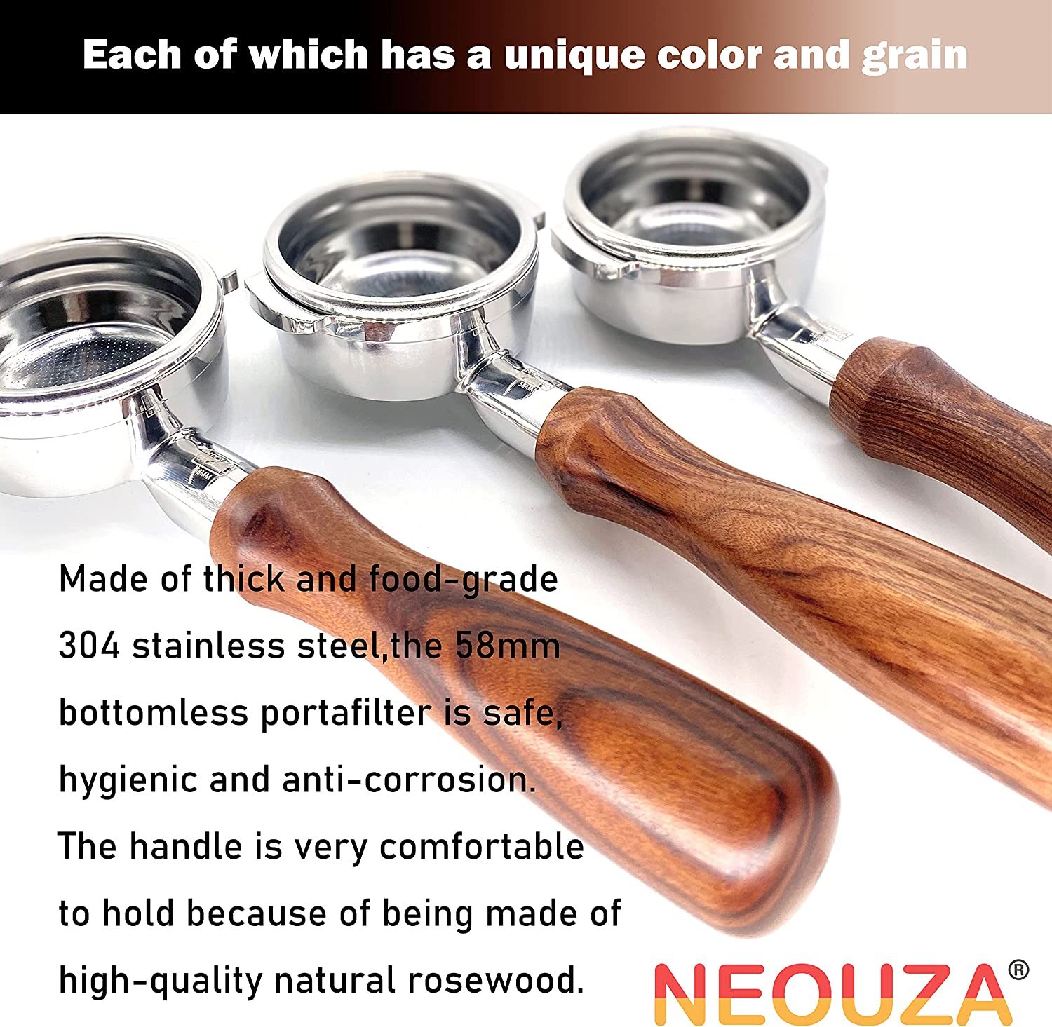 NEOUZA 58Mm Bottomless Portafilter Set for Espresso Coffee Machine Compatible with Expobar Gemilai Rocket Rancilio E61 Group 304 Stainless Steel Two Ears image number 5