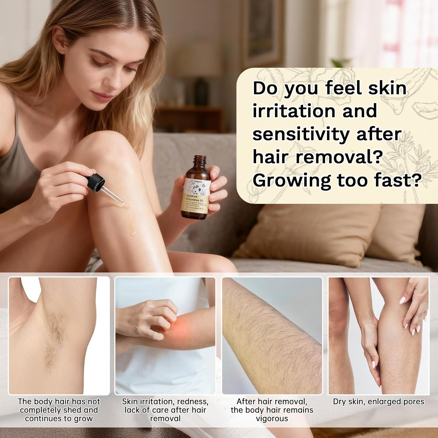 Cyperus Rotundus Hair Removal Oil with Sweet Almond & Rose Oil, Soothing & Moisturizing, Reducing Body Hair Growth, Soothe Redness, Shrink Pores, Suitable for All Skin Types, 60Ml