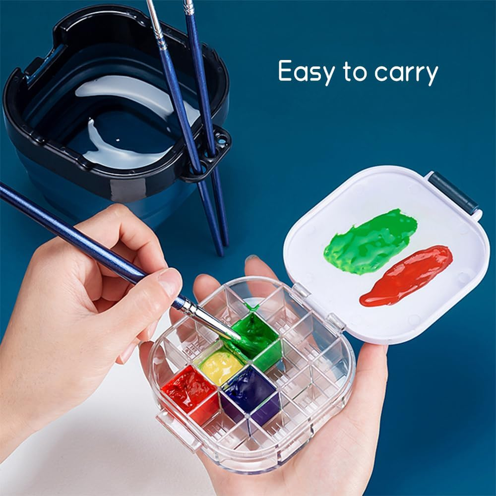 2PCS Airtight Paints Saver Storage Palette Box, 16 Well Palette Box with Lid, Include Paint Brush Basin, Portable Paint Saver for Acrylic,Perfect for Gouache, Acrylic, Watercolor