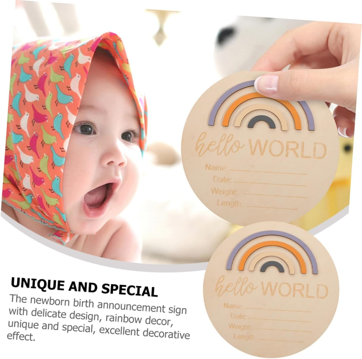 DECHOUS 2 Pcs Wooden Birth Announcement Sign round Newborn Name Plaques with Rainbow Design Durable and Easy to Use for Milestone Photography and Showers Random Color