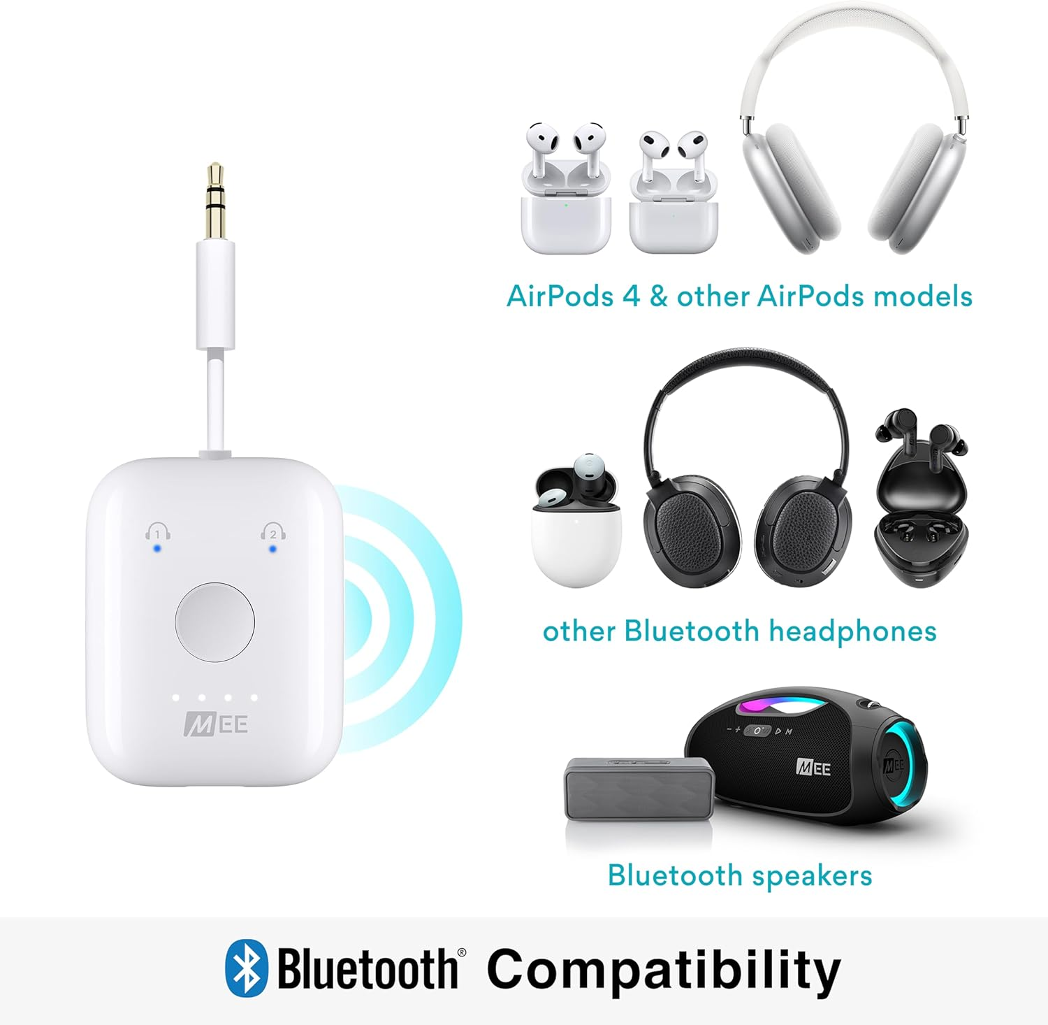 MEE Audio Connect Air In-Flight Bluetooth Wireless Audio Transmitter Adapter for up to 2 Airpods/Other Headphones; Works with All 3.5Mm Aux Jacks on Airplanes, Gym Equipment, Tvs, & Gaming Consoles image number 4