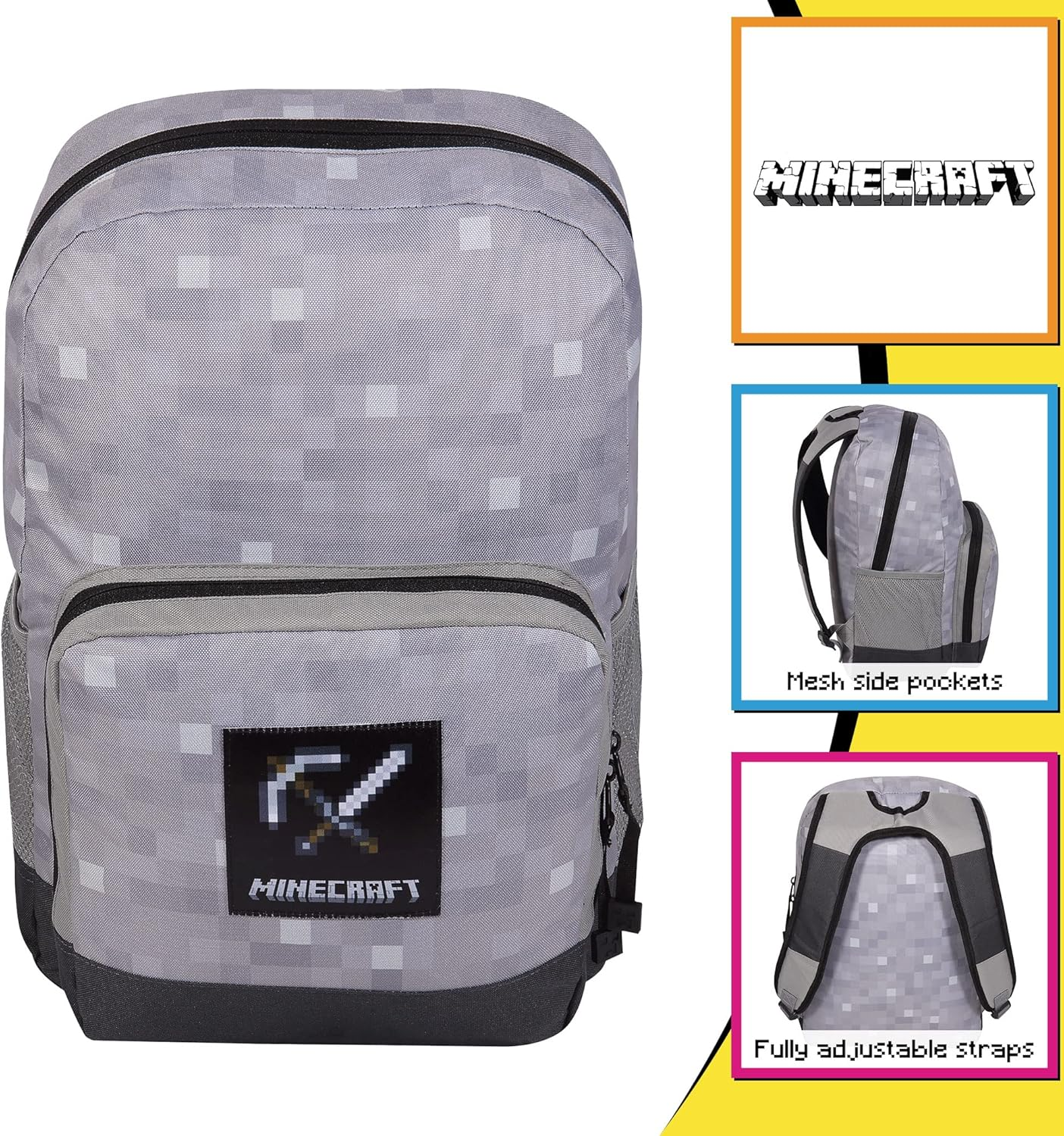 Minecraft Tools Badge Backpack, Kids, One Size, Black/Heather Grey, Official Merchandise, Black/Heather Grey, One Size image number 2