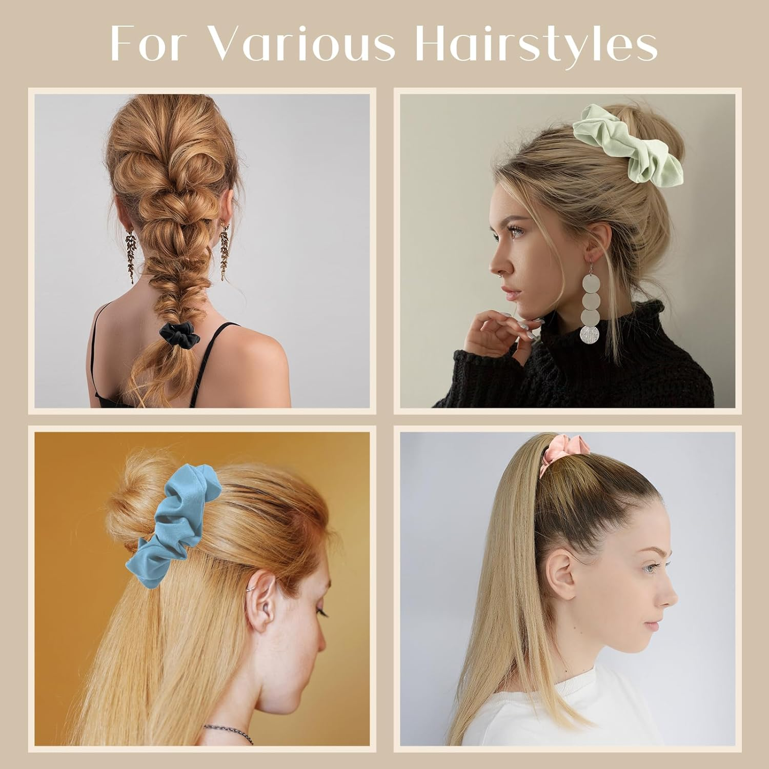 Lolalet Stash Scrunchies, 4 PCS Hair Scrunchies with Zipper Pocket, Hidden Pocket Scrunchie for Hide Money, Elastic Hair Ties Ponytail Holder Accessories for Thin Fine Curly Hair -Style B image number 6