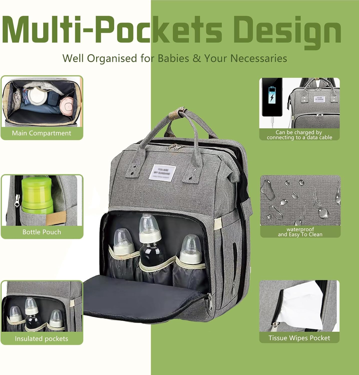 Nappy Bag - Baby Diaper Bag with Changing Pad, USB Charging, Mosquito Net, Sunshade, 35L Large Waterproof Diaper Backpack for Mom Dad image number 5