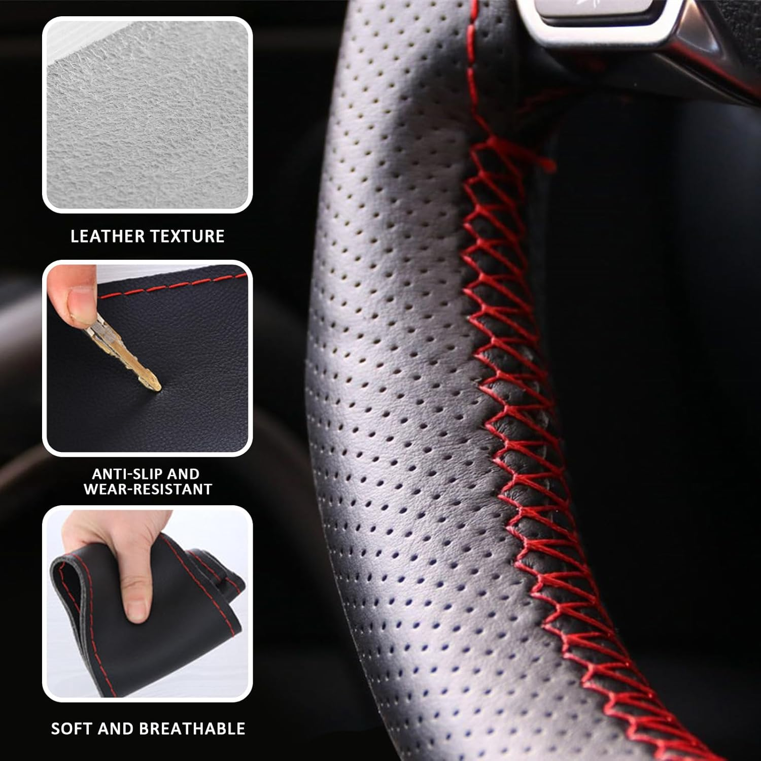 Micro Fiber Leather Steering Wheel Cover, DIY Sewing with Needle & Thread, Breathable Anti-Slip Car Steering Wheel Protector, Universal 15 Inch Auto Steering Wheel Stitch on Wrap (Coffee, Full Hole) image number 6