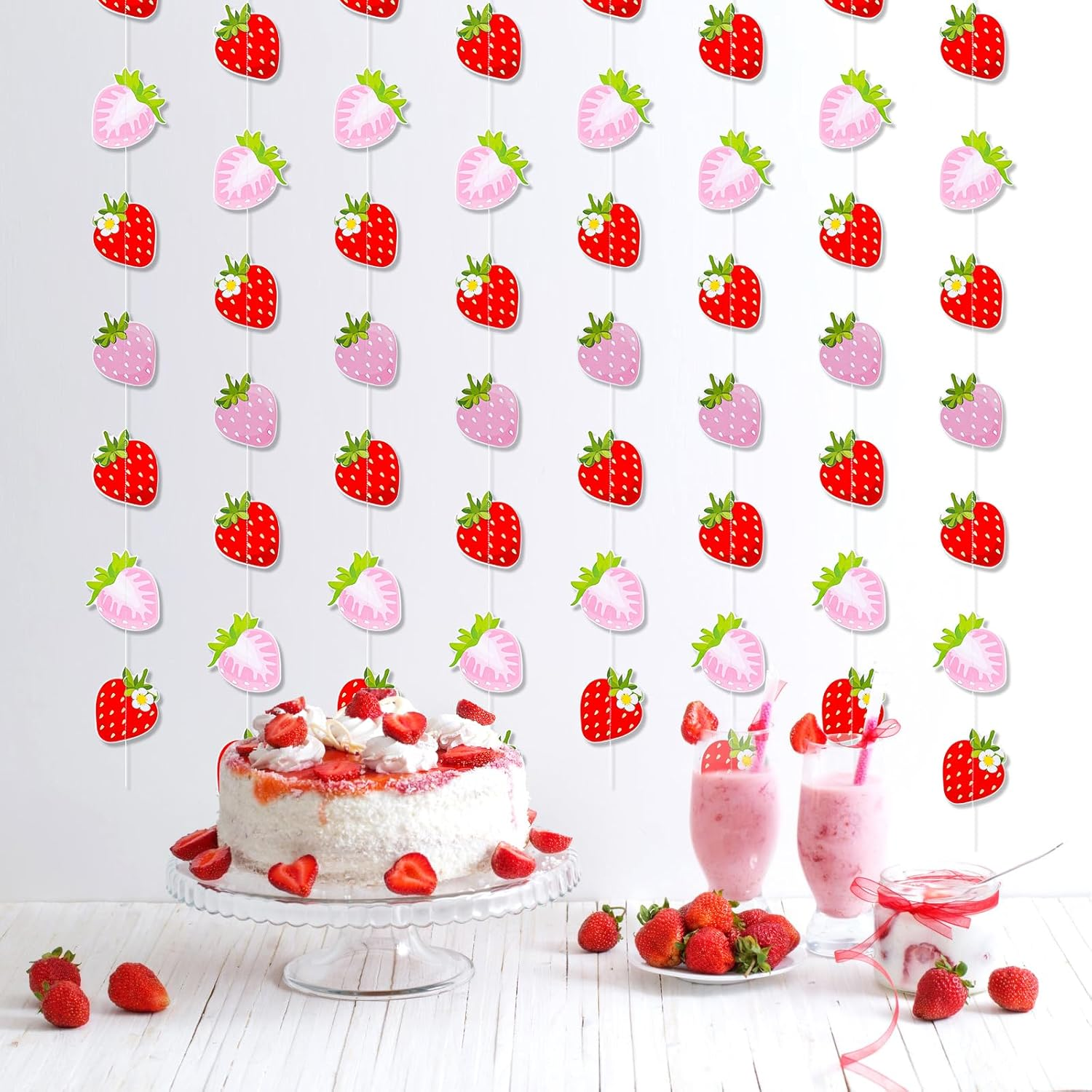 8Pcs Strawberry Banners, Red Pink Strawberry Hanging Banner Strawberry Banner Garland Strawberry Party Decorations for Birthday Party Baby Shower Party Decorations image number 3