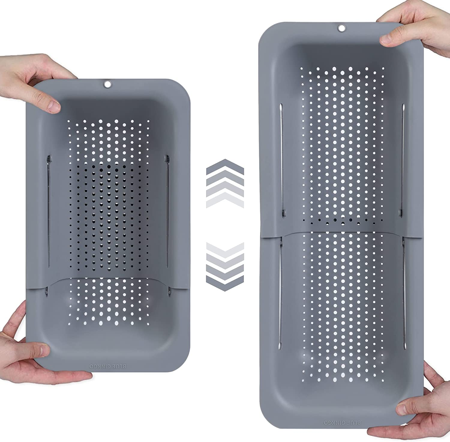 Blue Ginkgo over the Sink Colander Strainer Basket - Wash Vegetables and Fruits, Drain Cooked Pasta and Dry Dishes - Extendable - New Home Kitchen Essentials (7.9W X 14-19L X 2.75H) - Gray - Black image number 6