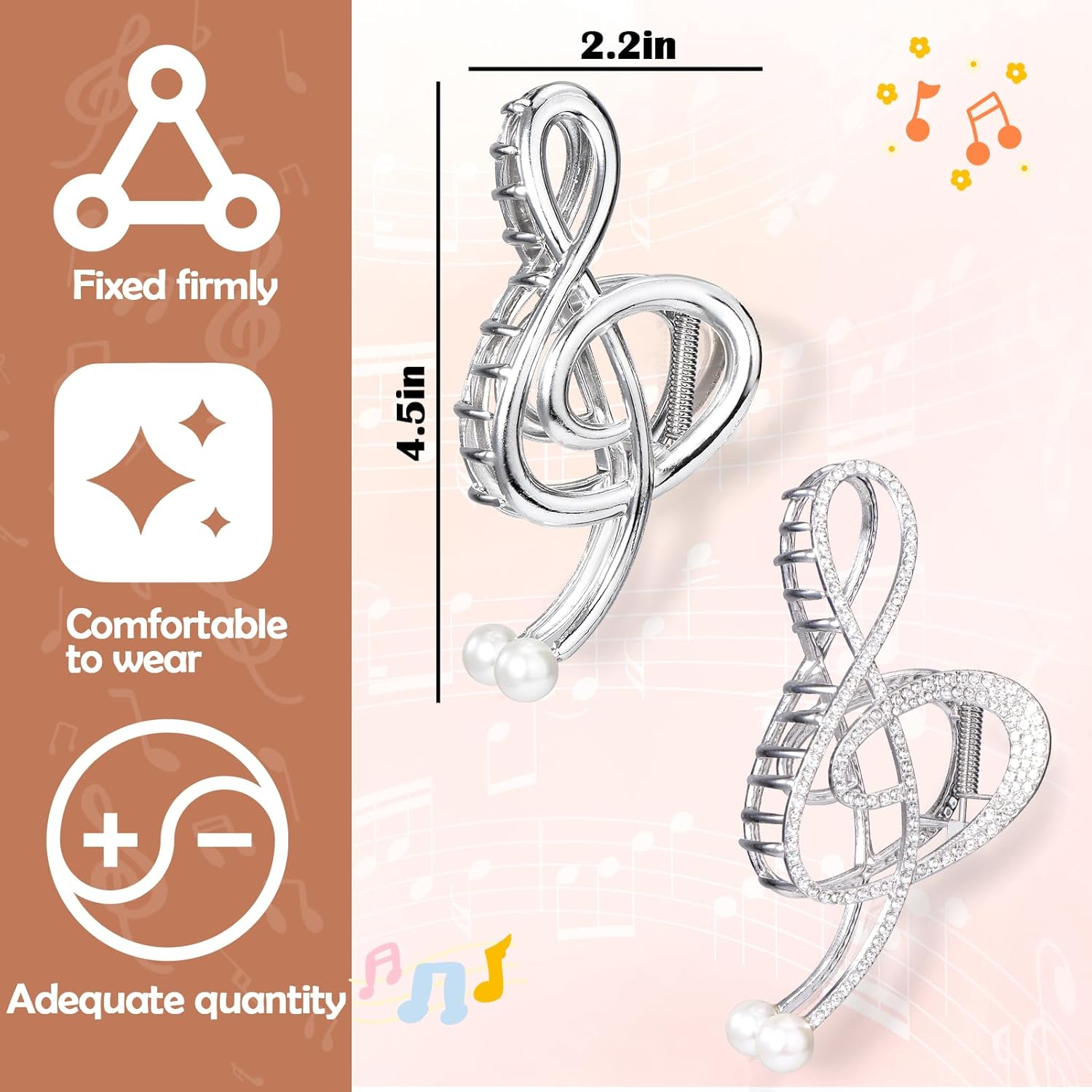 Vodolo Treble Clef Hair Clip,2Pcs Treble Clef Claw Clip for Women Girls,Metal Music Note Hair Claws with Pearl image number 1
