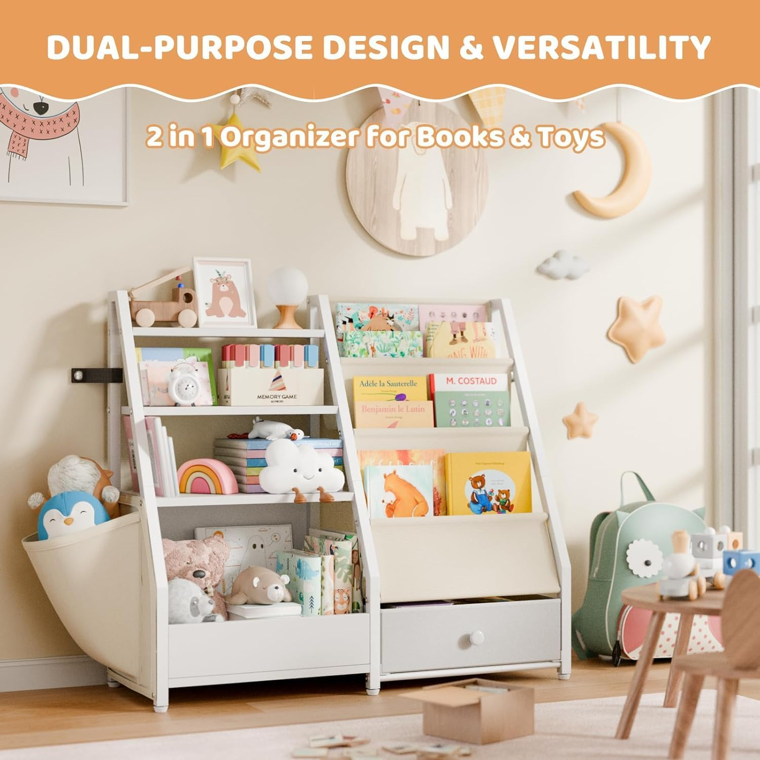 Kids Bookshelf and Toy Storage - Kid Book Shelf Toy Storage Organizer for Kids Rooms, Toddler Book Sling Shelf Baby Bookcase for Nursery, Rooms, Bedroom, Playroom, Montessori Toy Organizer image number 4