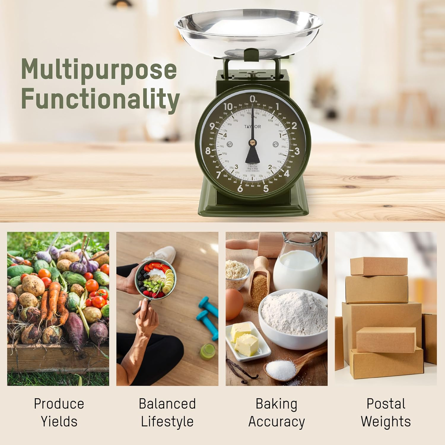 Taylor Mechanical Kitchen Weighing Food Scale with Bowl, Weighs up to 11Lbs, Measures in Grams and Ounces, Food Scales for Kitchen, Green image number 2