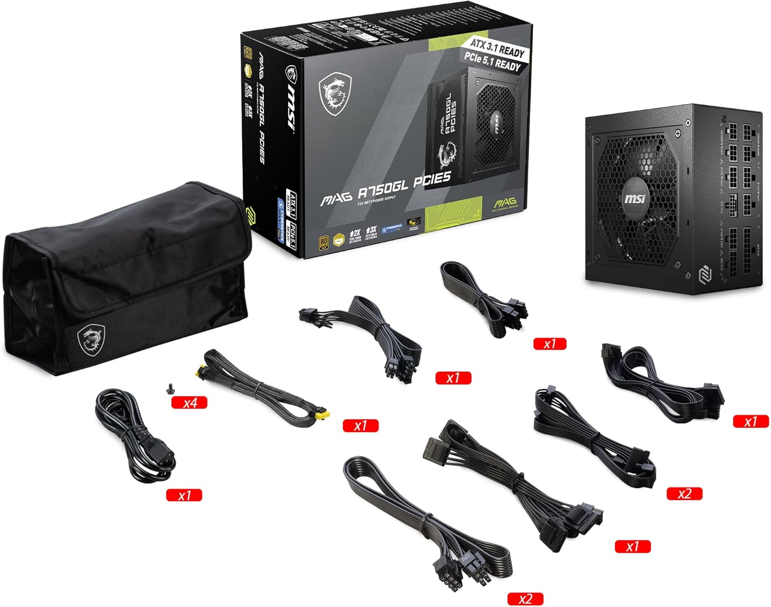 MSI MAG 750W Power Supply 80 plus Gold - -Native 16 Pin Connector Design - -Full Modular Design - 7 Year Warranty -Industrial Level Protection with OVP,OCP,OPP,OTP, SCP, UVP [MAG A750GL PCIE5]