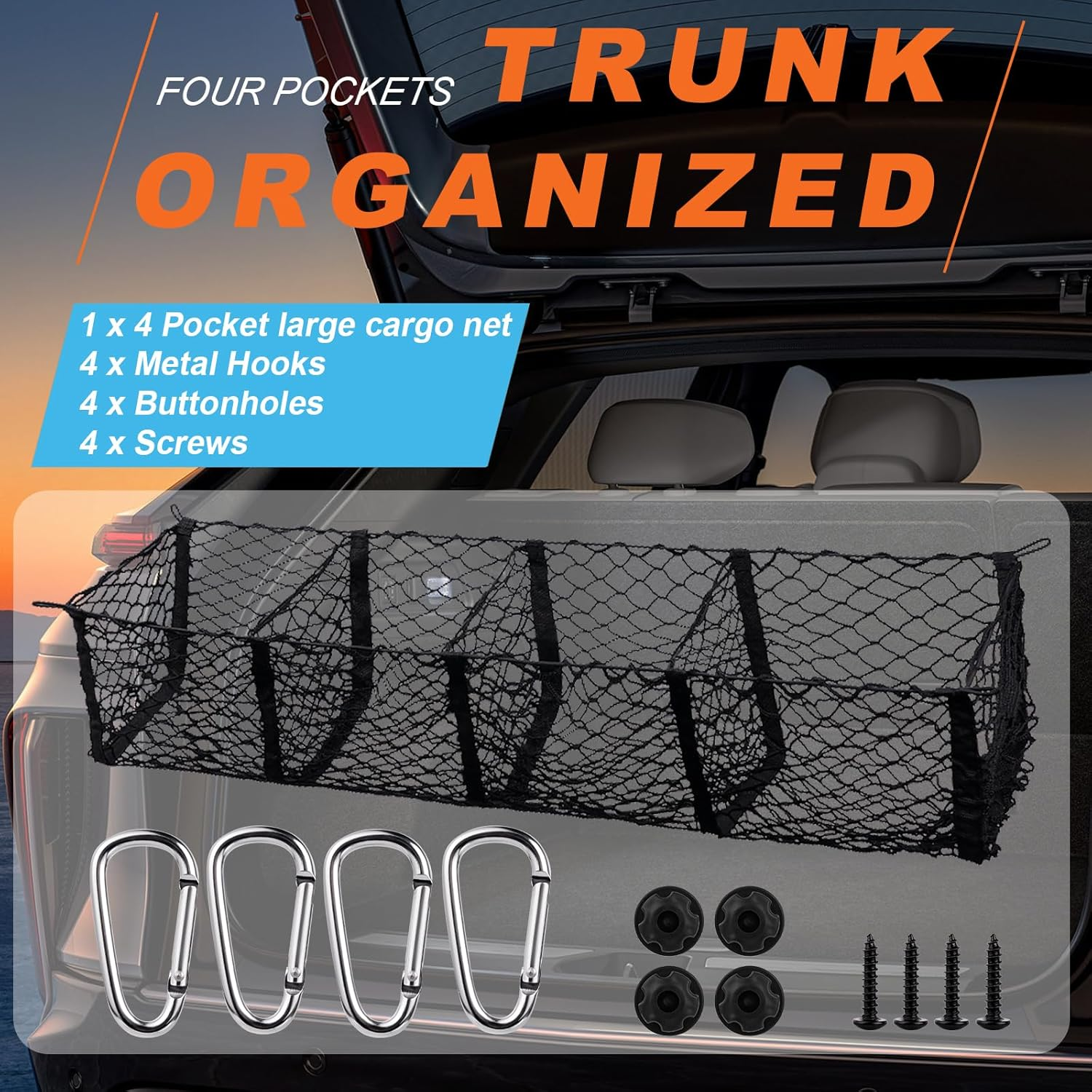 Holnunet Cargo Net for Pickup Truck Bed- 59" Adjustable Elastic Mesh Cargo Net, Car Rear Storage Organizer with 4 Carabiners Accessories, Heavy Duty Cargo Net for Pickup, Truck, SUV, M0003 image number 1