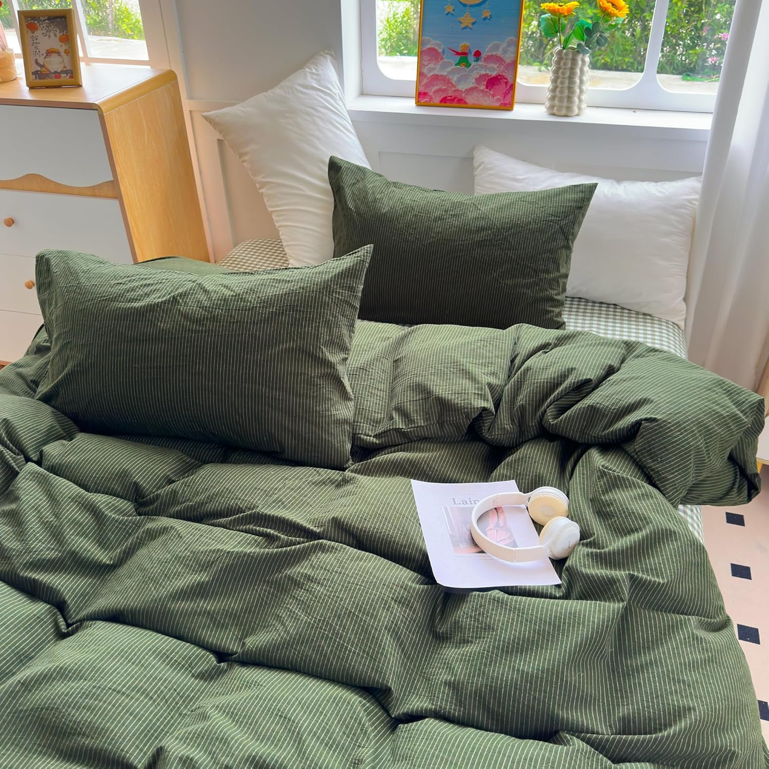 Pinkmemory Olive Green Striped Duvet Cover Queen 100% Washed Cotton Dark Green Stripe Duvet Cover Set Full 3Pcs Pinstripe Pattern Bedding Set with Zipper Closure Corner Ties,Soft Breathable image number 5