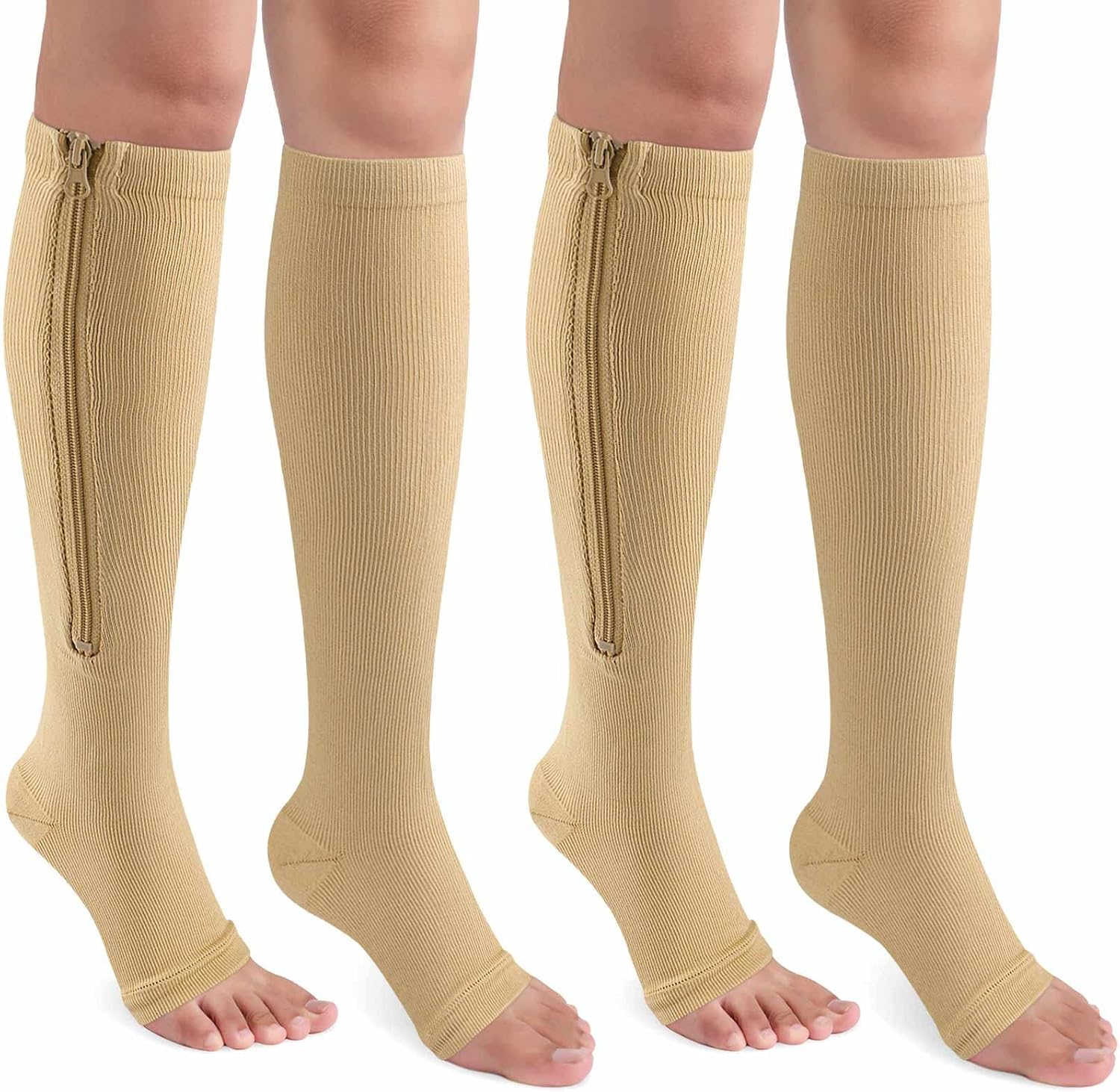 CASMON 2 Pairs Zipper Compression Socks for Women & Men, 15-20 Mmhg Open Toe Knee High Support Socks for Varicose Vein Edema