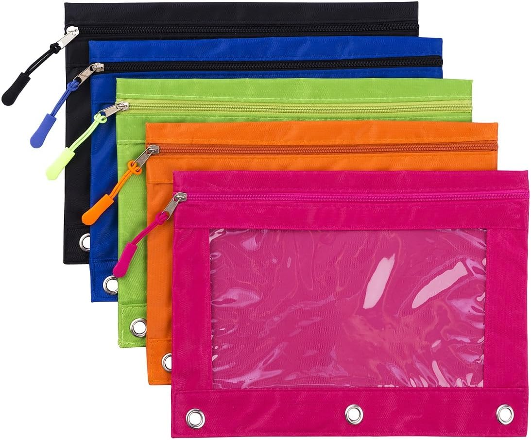 Binder Pencil Pouch with Zipper Pulls, Pencil Case with Rivet Enforced 3 Ring, 5 Pack