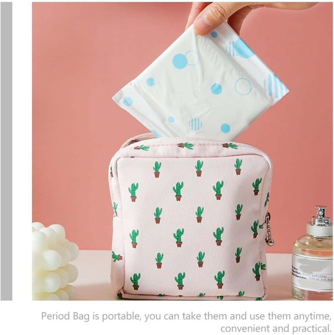 DINHEAROM 2Pcs Waterproof Sanitary Napkin Bags for Women Travel, Reusable Tampon Bags with Large Capacity, Portable Period Pouches for Outdoor and Household Use, Blue Plaid Cactus Pattern image number 3