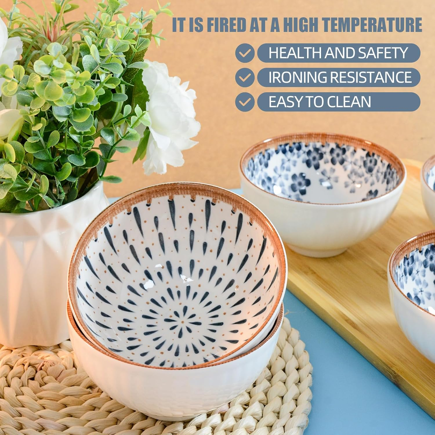 6 Pack Ceramic Bowls, Japanese Style, 10 Ounces Thickening Blue and White Porcelain Rice/Cereal Bowls for Kitchen, Suitable for Microwave, Ovens, Dishwashers (Mixing) image number 2