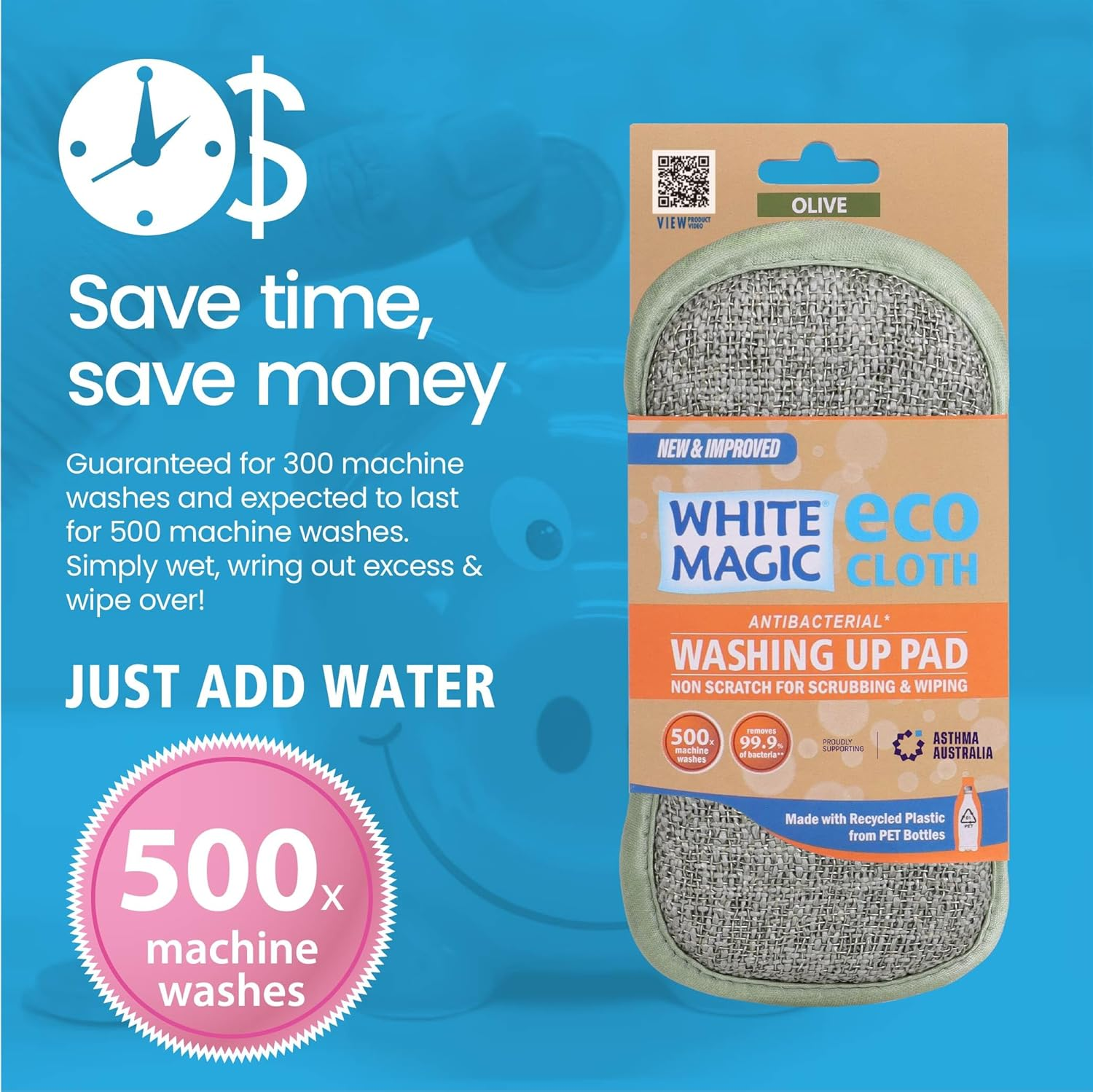 White Magic Dish Cleaning Microfibre Eco Cloth Washing up Pad, Non Scratch, Rough Scrubbers Side for Non-Stick Cookware, Soft Scrub Side for Dishes (Olive)