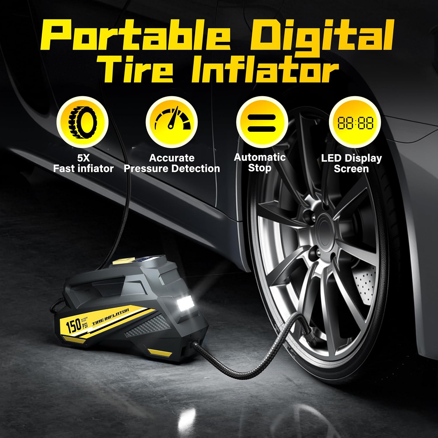 Zumist Tyre Inflator Car Air Compressor - 150PSI Portable Air Pump Car Accessories, DC 12V Fast Inflation Electric Tire Pump with Digital Pressure Gauge, LED Light & Auto Shutoff for Motorcycle, Bike image number 6