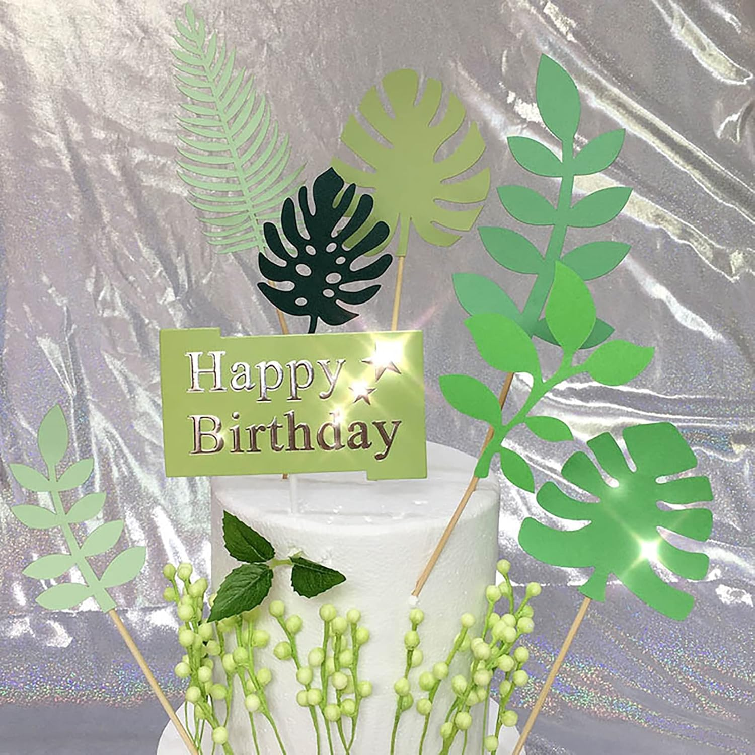 Jevenis Tropical Leaves Cake Topper for Wedding, Green Palm Leaf for Jungle Theme Birthday Party Decor, Safari Decor image number 1