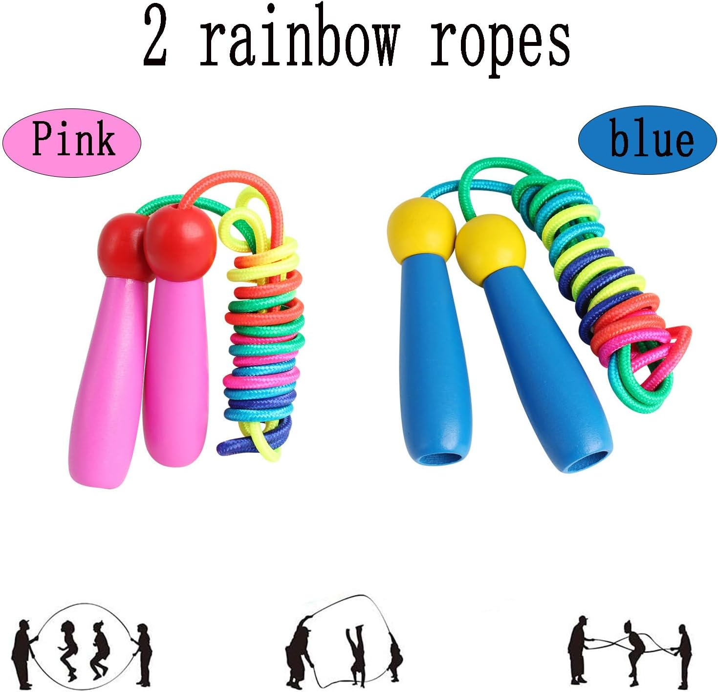 Tjhypenete 2 Pcs Jump Rope for Kids, Rainbow Skipping Rope, Adjustable Length Jumping Rope with Wooden Handle, Cotton Rope for Gymnastics, Training, Exercise, Workout, Weight Loss, Outdoor Activity image number 1