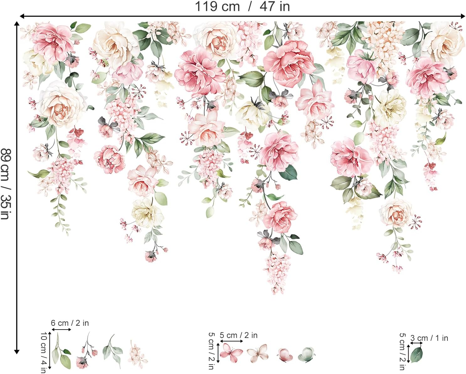 Wondever Large Pink Flowers Wall Stickers Hanging Vine Floral Leaves Peel and Stick Wall Art Decals for Baby Nursery Girls Bedroom Living Room