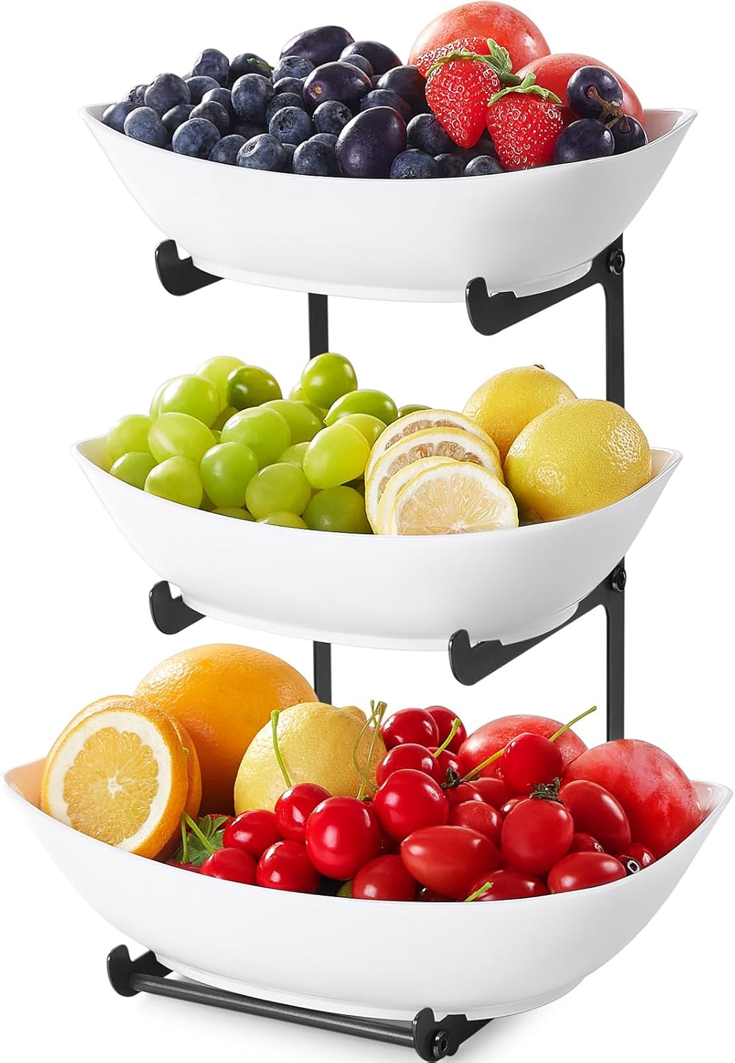 Lifewit Plastic Fruit Bowl Basket for Kitchen Countertop, 3 Tier Fruit Holder with Black Metal Stand, Serving Tray for Food, Vegetable, Cake, Dessert in Party image number 6