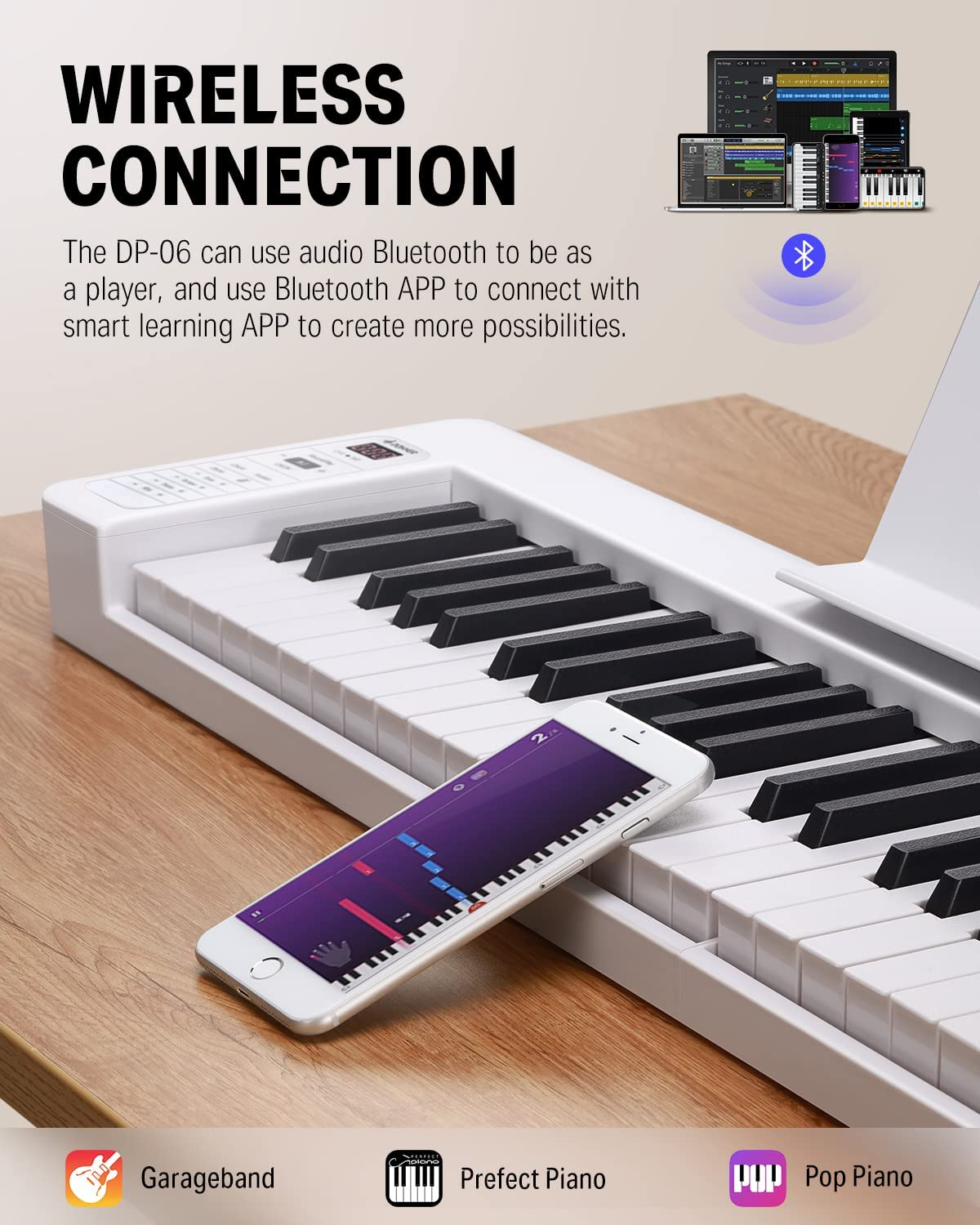 Donner Folding Piano Keyboard, 61 Keys Sensitive Electric Piano, Portable Beginner Digital Piano Foldable Keyboard with Music Rest, Piano Bag, Piano Pedal, Piano APP, DP-06 White image number 3