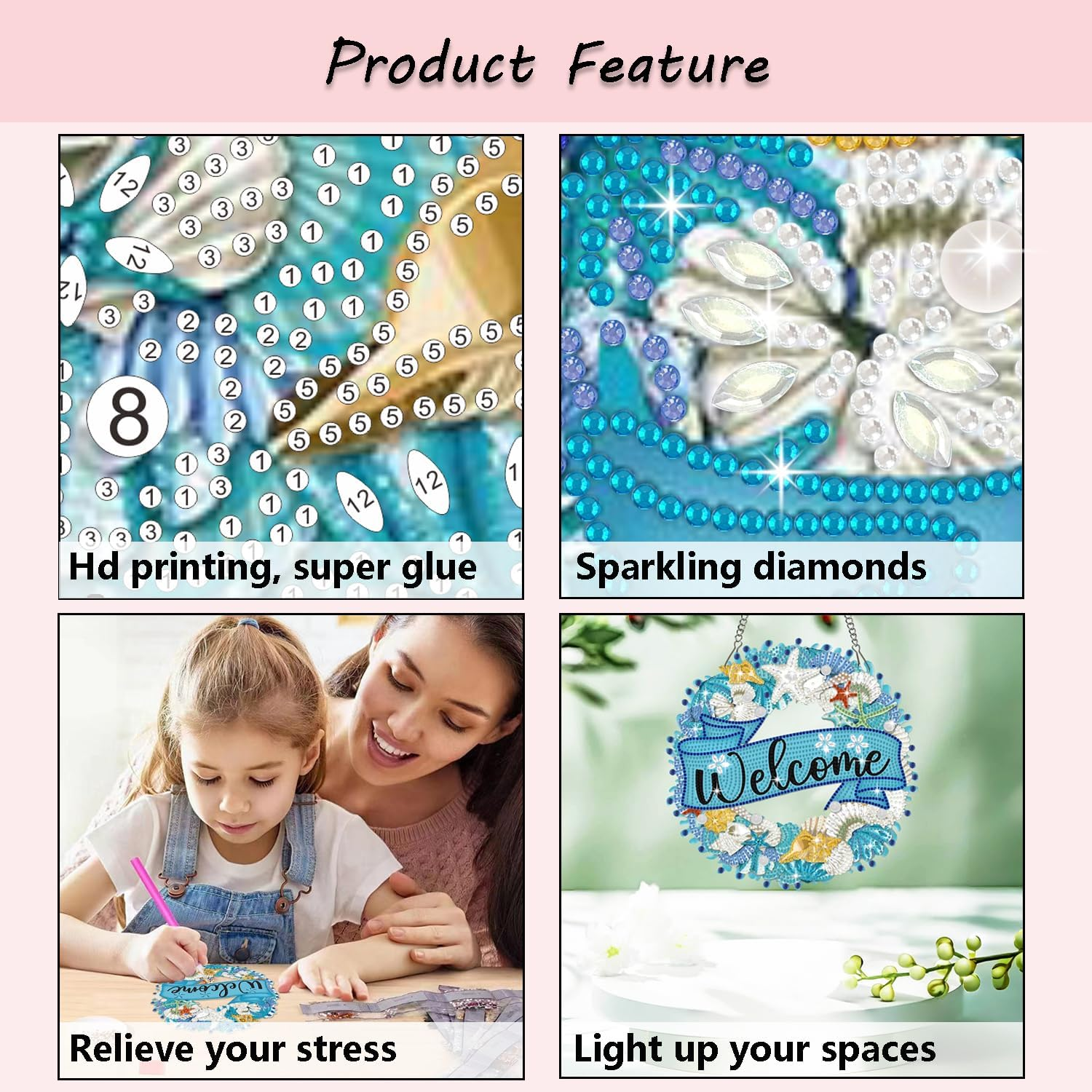 Muzagroo Art Welcome Sign Diamond Art Kits for Adults, 5D Diamond Hanging Ornament Kits for Front Door, DIY Special Shaped Diamond Dot Kits, Home Porch Crystal Hanging Pendant Ornament (Welcome) image number 5