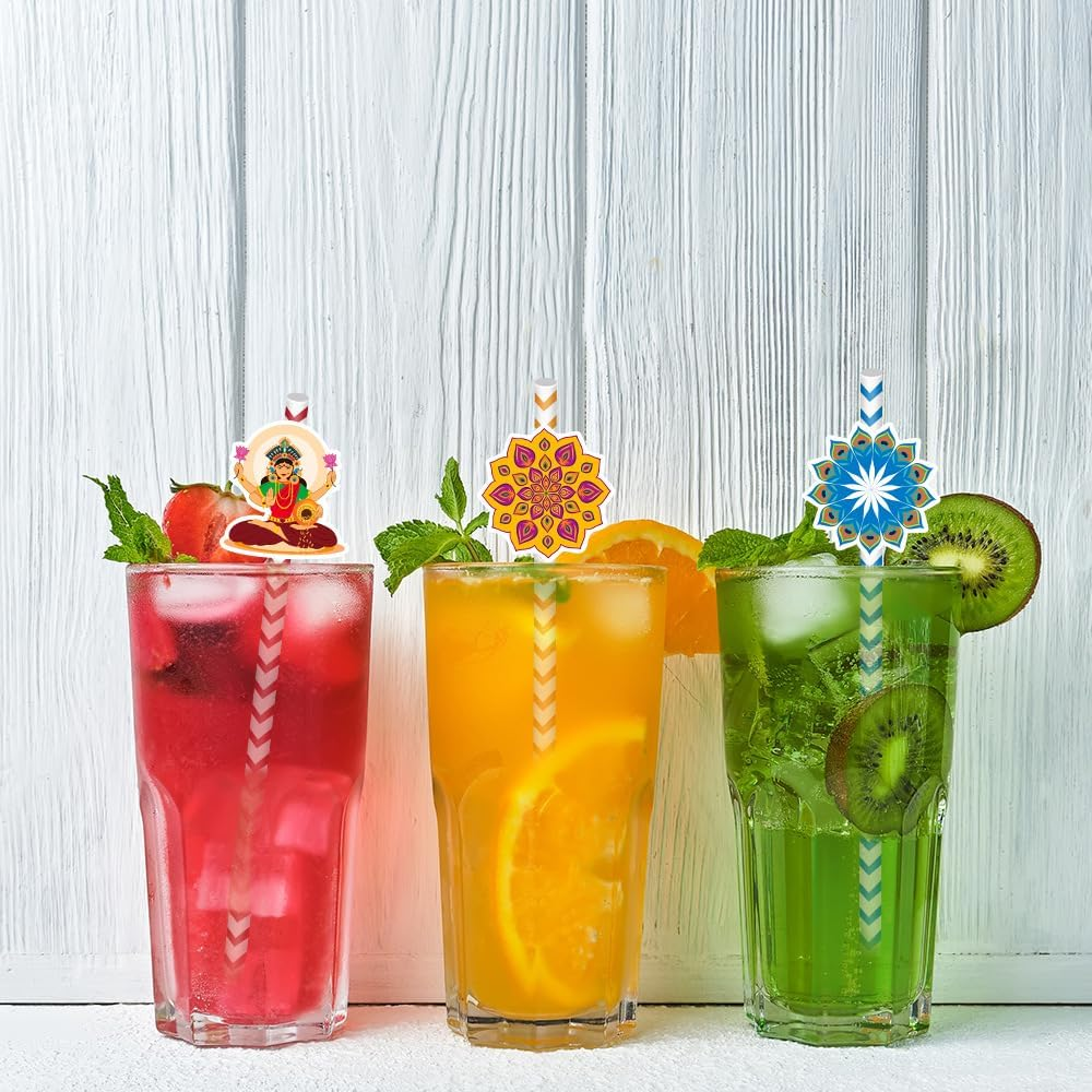 Happy Diwali - Paper Straw Decor - Festival of Lights Party Striped Decorative Straws - Set of 24 image number 2