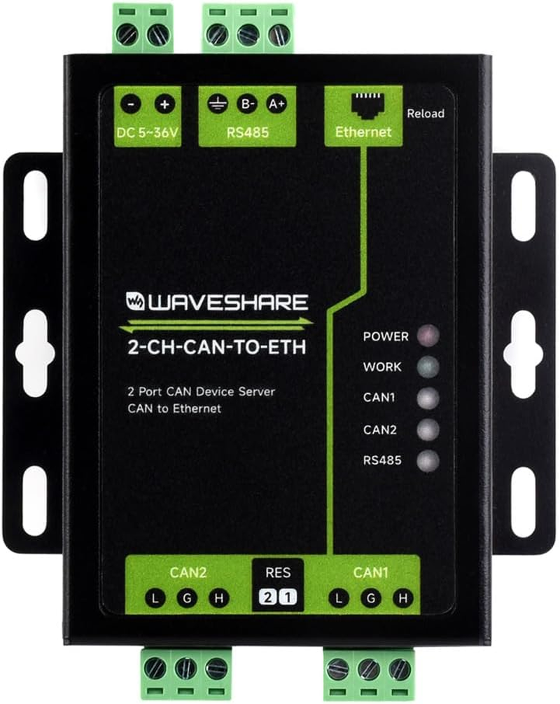 Waveshare Industrial Grade 2-Ch CAN to Ethernet Server, 2-Ch CAN + RS485 + Ethernet Port, Supports CAN Repeater/Can to RS485, Dual SOCKET, Aluminium Alloy Case, Wall-Mount Support