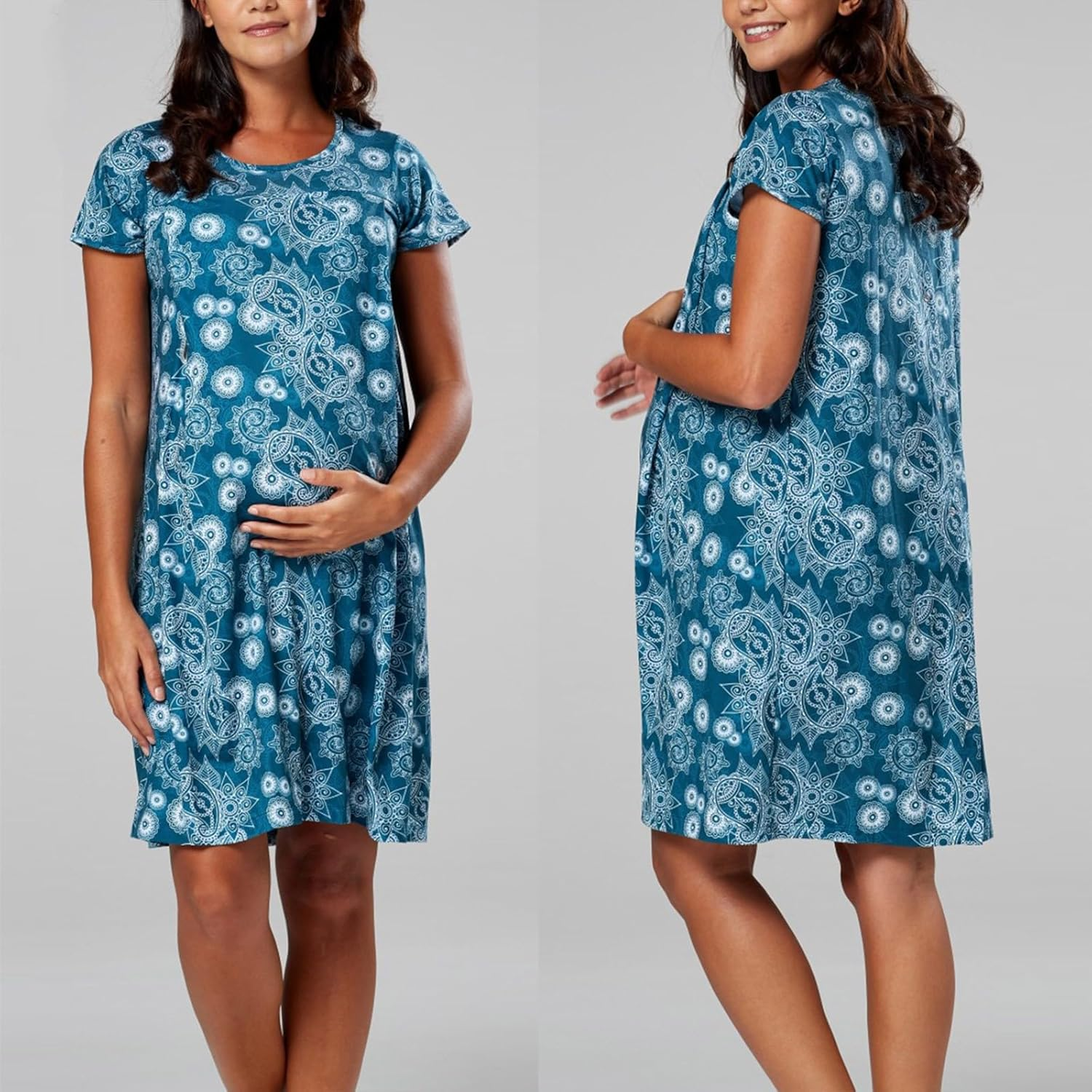 Casual Deep V Neck Dress Gown/Maternity Nightgown with Button Breastfeeding Dress Short Sleeve Maternity Sleepwear Womens Dresses Large Maternity with Lace Sleeves image number 6